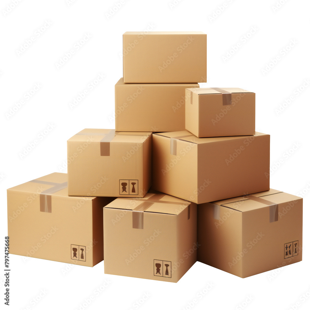 Poster stack of cardboard boxes on a transparent background