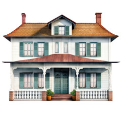 Fototapeta na wymiar Vintage white house with green shutters and red roof, png isolated on transparent