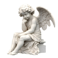 Marble statue of a cherub sitting, png isolated on transparent