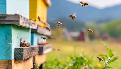 Bees flying around beehive. Beekeeping concept. - obrazy, fototapety, plakaty