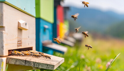 Bees flying around beehive. Beekeeping concept. - obrazy, fototapety, plakaty