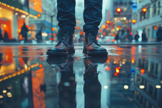 An image of a person's feet as they stand in front of a fashion store's show window, focusing on the reflection of the window in the polished floor surface, emphasizing the contrast between the two.