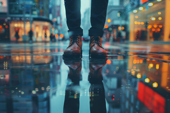An image of a person's feet as they stand in front of a fashion store's show window, focusing on the reflection of the window in the polished floor surface, emphasizing the contrast between the two.