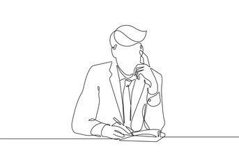 Businessman Continuous One Line Drawing. Male Silhouette Black Sketch Isolated on White Background. Male Professional Portrait Abstract Minimal Line Art Illustration. Vector EPS 10