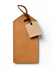 Blank leather tag with a blank paper tag attached to it by a leather strap.