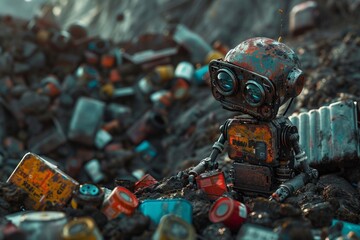 A small, dilapidated robot sat amidst a pile of discarded items, wearing an almost pensive expression. Indicates a feeling of life or emotion.
