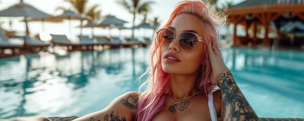 Happy teenager on summer vacation in a luxury resort. Summer holidays concept.. Portrait of a beautiful teenage tattooed influencer with pink hair and piercings having fun at a luxury resort