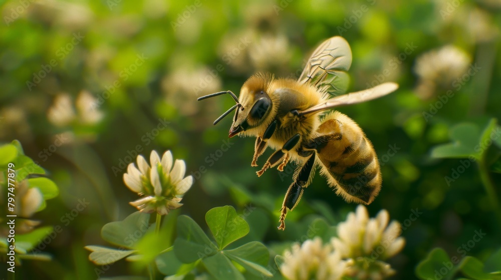 Poster Macro shot of a bee hovering over a patch of clover, its fuzzy body adorned with tiny flecks of pollen.