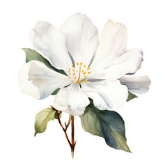 White flower with detailed petals and green leaves, png isolated on transparent