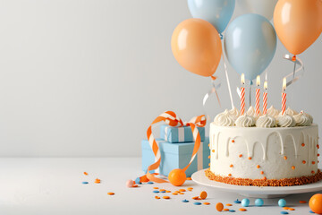 birthday cake and balloon with candles bright with free space for text, .festival or celebration concept