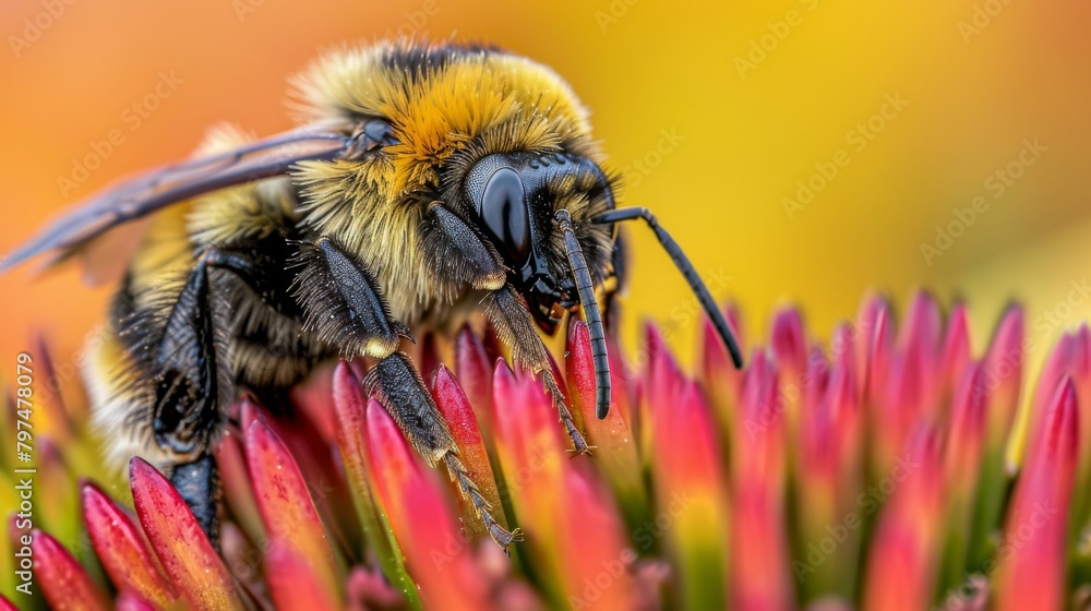 Poster macro shot of a bumblebee resting on a colorful blossom, highlighting the intricate details of natur