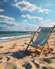 A wooden beach chair sits on an empty beach with the ocean and blue sky in the background.
