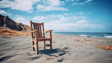 A wooden chair sits on a beach.