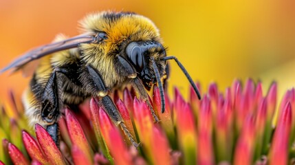 Macro shot of a bumblebee resting on a colorful blossom, highlighting the intricate details of nature's tiny wonders.