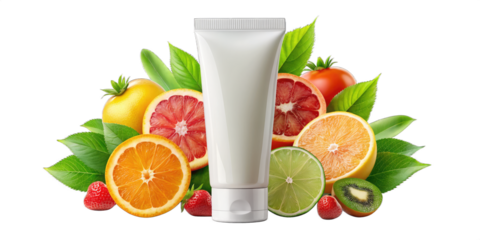 Cream tube with fruits, cosmetic product mockup, facewash, scrub tube for branding and advertising template website or project design background.