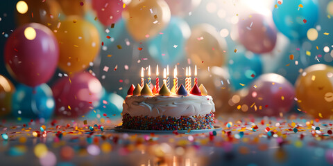 birthday cake and balloon with candles bright with free space for text, .festival or celebration concept
