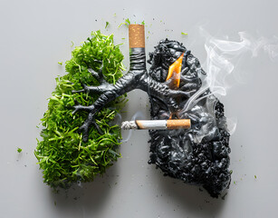 healthy and damaged lungs, one lush green, the other blackened, no tobacco stop smoking anti drug day concept - obrazy, fototapety, plakaty