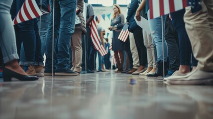 American voters standing in line at polling station with us flags on election day