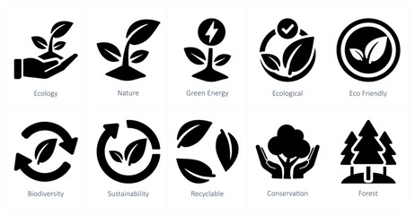 A set of 10 ecology icons as ecology, nature, green energy