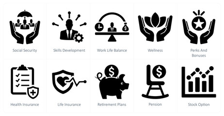 A set of 10 employee benefits icons as social security, skills development, work life balance