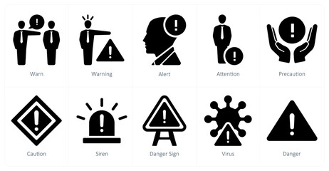 A set of 10 hazard danger icons as warn, warning, alert