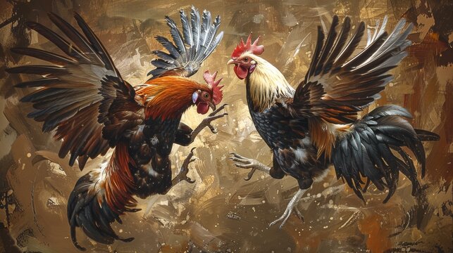 Roosters facing off in a dramatic showdown, feathers ruffled and ready to compete in a traditional cockfight.