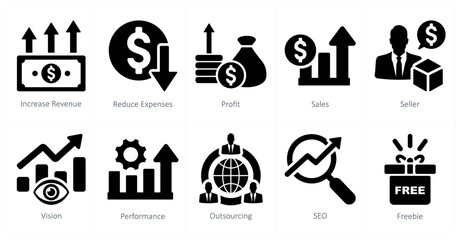 A set of 10 increase sale icons as increase revenue, reduce expenses, profit
