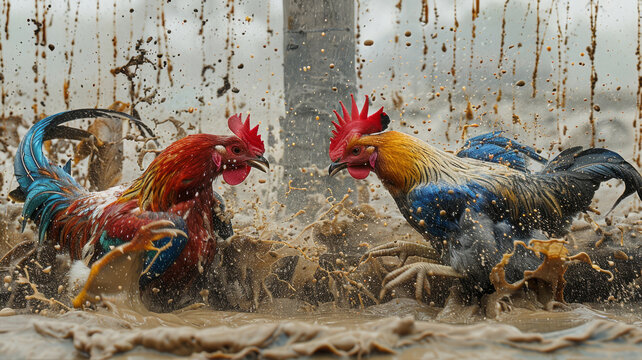 Cockfighting. Two roosters fight.