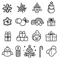 Naklejka premium christmas, hat, reindeer, snowman, bell, tree, winter, december, candle, gift, santa, celebration, icon, calendar, snowflake, star, christmas tree, candy, snow, sock, holly, merry, ball, bow, 