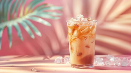 Quench your thirst for summer with a revitalizing iced coffee against a soft pastel backdrop,  a refreshing escape