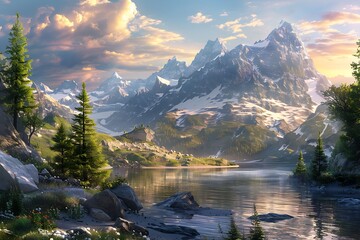 Revel in the grandeur of nature's majesty as towering mountains stand sentinel over a pristine alpine lake, their peaks kissed by the golden light of dawn, captured in breathtaking clarity - obrazy, fototapety, plakaty