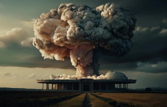Bomb blast, mushroom cloud, moving clouds, smoke from bomb blat on a house like structure generative AI video