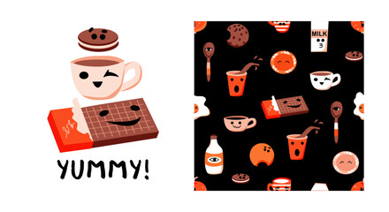 Baby print. Pattern. Yummy food. Cute characters. Milk, cookies, cup, mug, chocolate. Vector background. Doodles for kids. Perfect for printing on the fabric, design package and cover