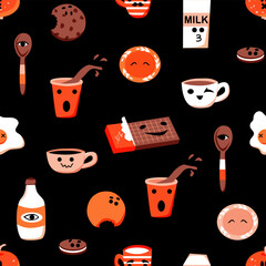 Baby print. Pattern.  Yummy food. Cute characters. Milk, cookies, cup, mug, chocolate. Vector background. Doodles for kids. Perfect for printing on the fabric, design package and cover