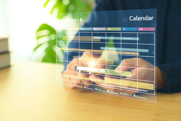 Online calendar with businessman planning of time management planner or personal remind meeting conference or business organization schedule timeline list in office workplace or holiday plan.
