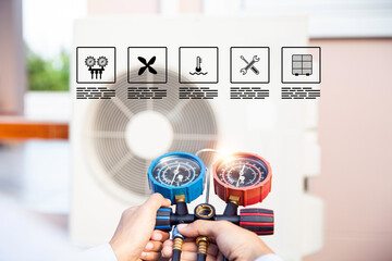 Technician holding manifold gauge with heat and air conditioning service icons for check pump filling home air conditioner refrigerant or maintenance fix repair and clean outdoor air compressor.