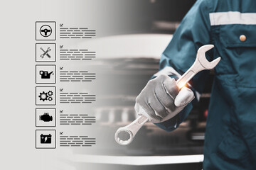 Car care maintenance servicing, Technician auto mechanic holding wrench with fix service icons for repairing change spare part engine problem and insurance support or range of car check.