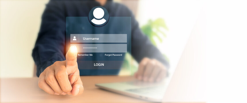 Businessman and screen login username and password identity or sign up register of cyber security internet access join social or personal data protection or forget pass key unlock.