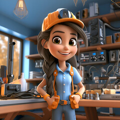 3D illustration of a cute cartoon mechanic girl with tools in a workshop - obrazy, fototapety, plakaty