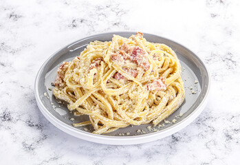 Classic pasta carbonara with bacon