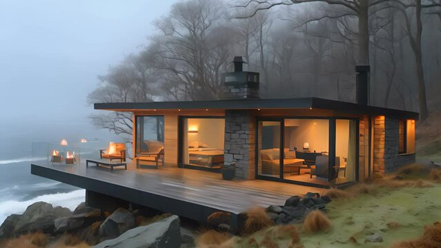 DZ(154) : Video Clip Concept design of a modern one-story cabin,house or cafe on cliffside . For use in structural design and As-Built Drawing.
