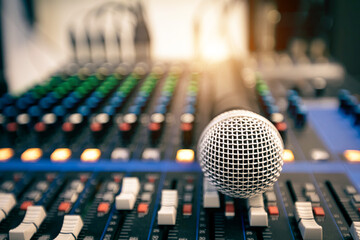 Microphone on sound mixer in live broadcasting studio producer for sound record control system...