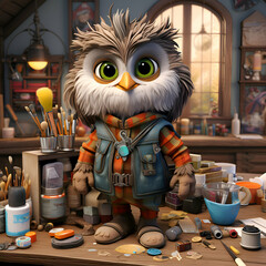 Cute owl as a painter sitting in his workshop   3D render - obrazy, fototapety, plakaty