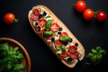Italian bruschetta with mozzarella, tomatoes, olives and basil on black background