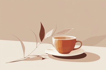 Hojicha tea, leaf detail, elegantly presented, soft focus, ambient warmth, flat vector icon style character illustration