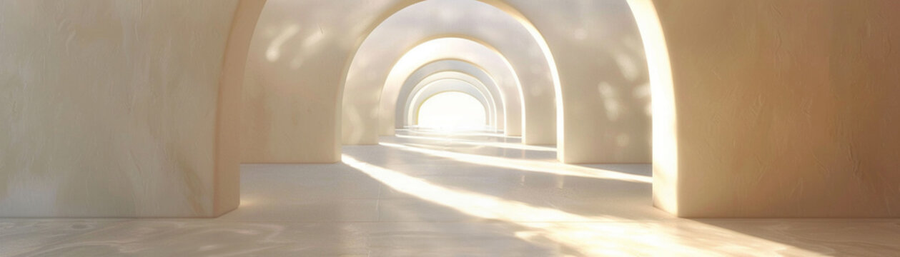Shell-inspired arch tunnel, soft hues, detailed craftsmanship, inviting light, simple setting, padding margins