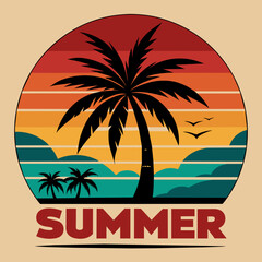 Obraz premium Summer t-shirt design. Retro and vintage summer vibes t-shirt design with palm tree, sea beach, and sunset vector illustration.