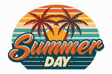 Summer t-shirt design. Retro and vintage summer vibes t-shirt design with palm tree, sea beach, and sunset vector illustration.