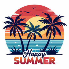 Fototapeta premium Summer t-shirt design. Retro and vintage summer vibes t-shirt design with palm tree, sea beach, and sunset vector illustration.