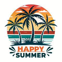 Summer t-shirt design. Retro and vintage summer vibes t-shirt design with palm tree, sea beach, and sunset vector illustration.